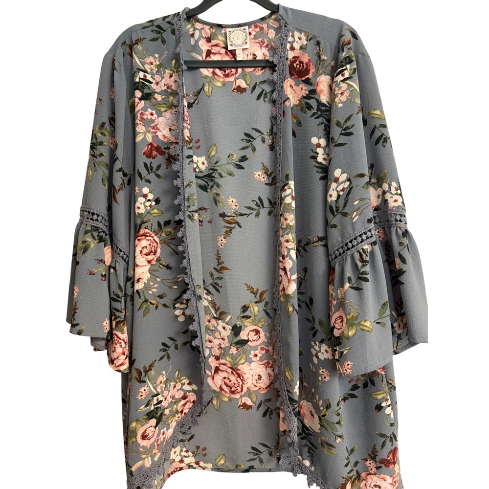 Blue Floral Kimono Cardigan Tiered Bell Sleeve Crochet Trim Plus Size 2X Cottage